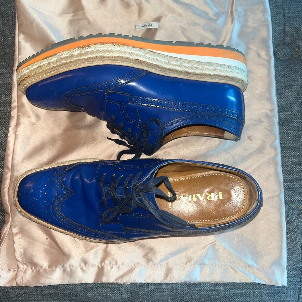 Prada Blue and Orange Brogue Platform Loafers - Picture 3 of 6